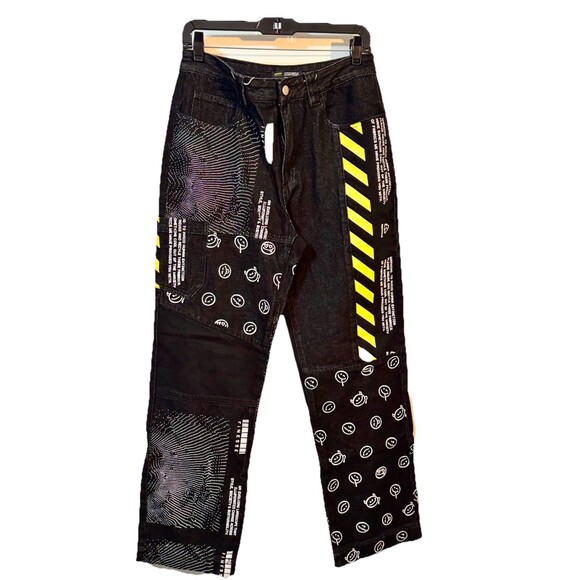 FINESSE Graphic Patchwork Jeans Size S Black Yellow Smiley Streetwear Denim - Picture 1 of 4